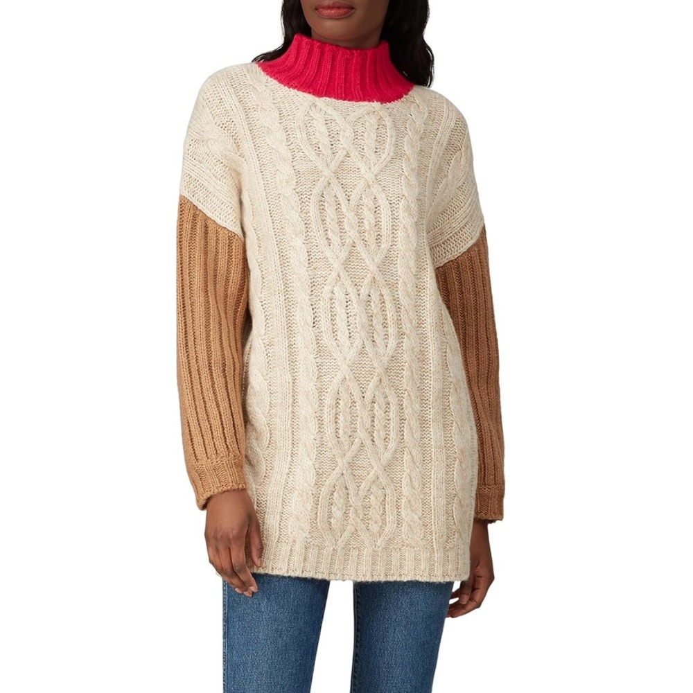 Moon River Colorblock Oversized Mock Neck Tunic Sweater, Cream Pink - Size‎ L